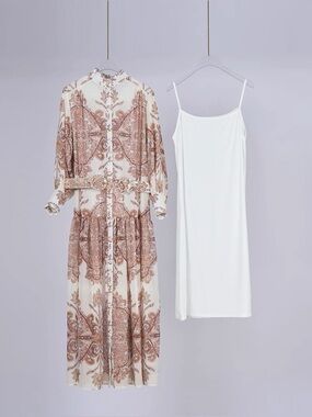 Designer-Style Cream & Brown Paisley Maxi Shirt Dress with Slip